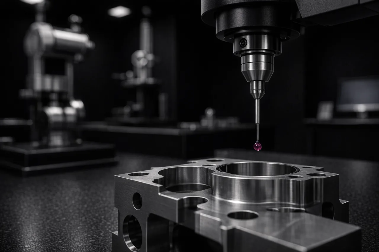 3D-Taster eines Koordinatenmessgeräts über einem Präzisionsteil